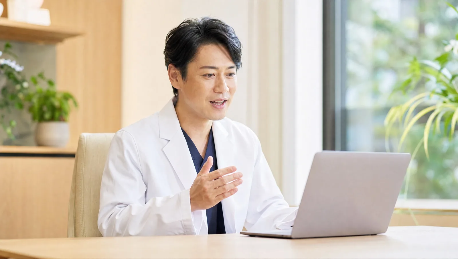 クリニックで話しながらGENSHI Voiceで文字起こしする医師