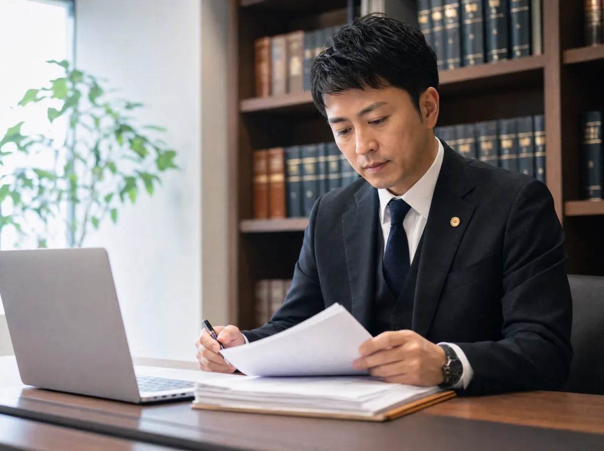 弁護士が事務所で書類を確認しながら記録する様子